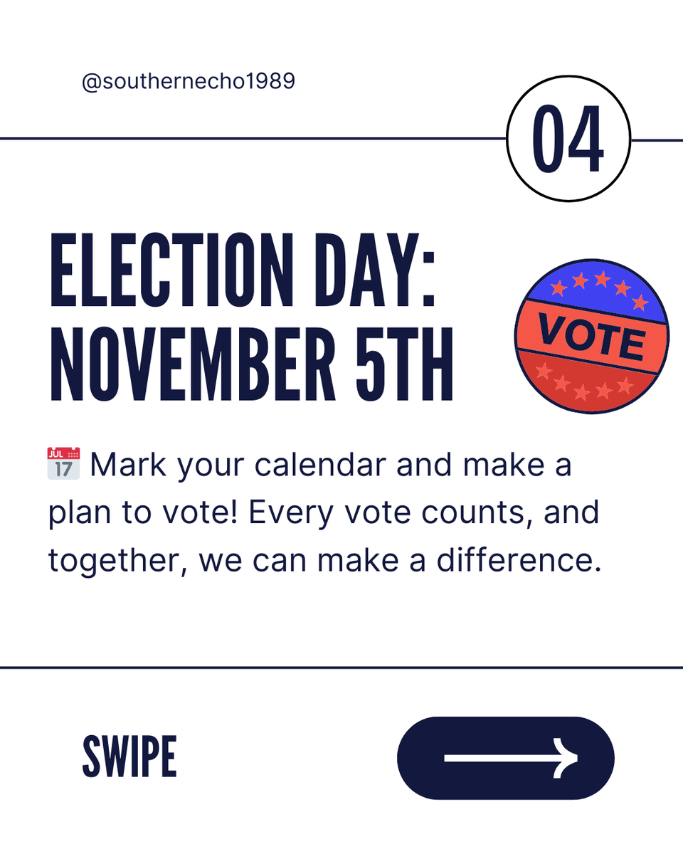 Here are some key dates you need to know to make sure your voice is heard this election season:
Voter Registration Deadline: October 7th
Absentee Voting Begins: September 23rd 
Election Day: November 5th 

#SouthernEcho #VotingDeadlines #PlanToVote  #BeVoterReady2024