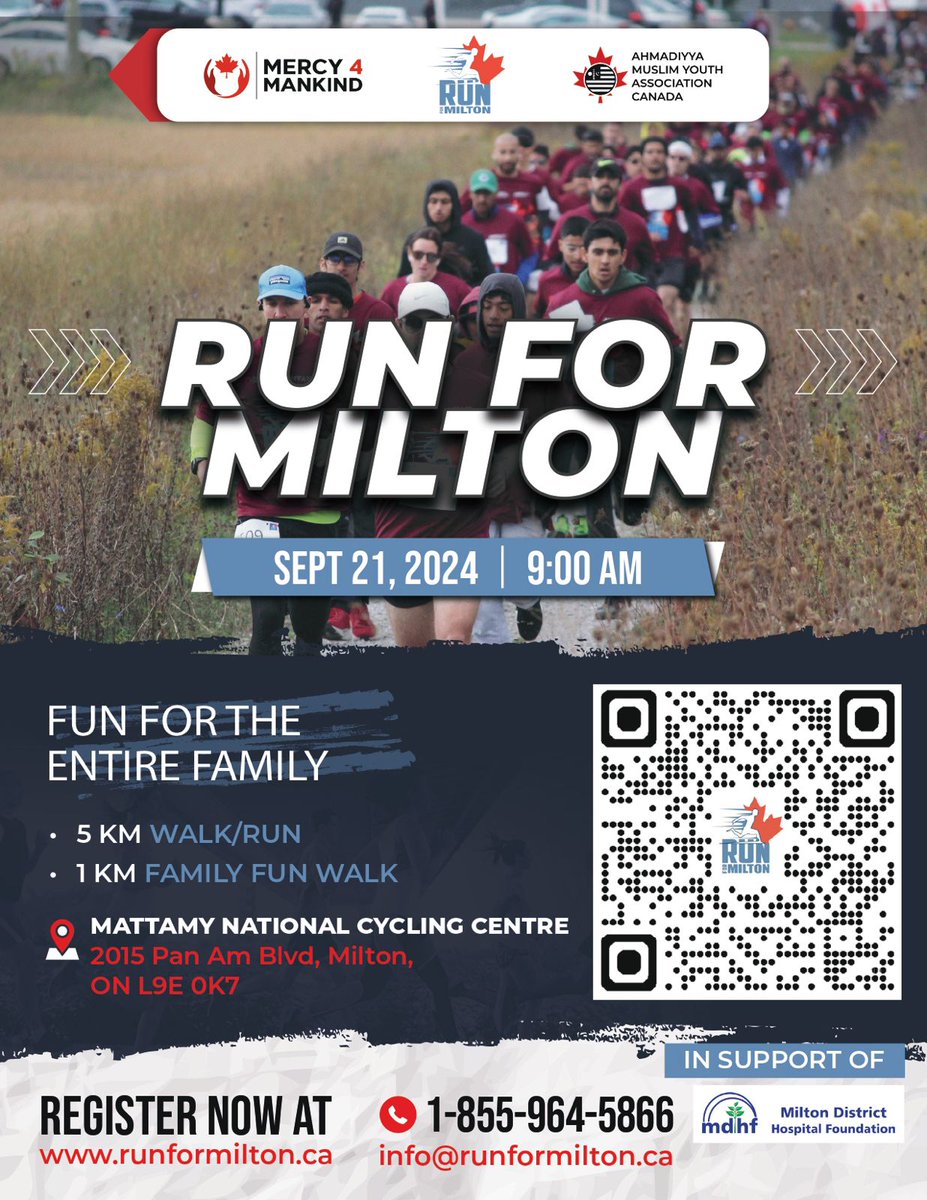 Ahmadiyya Muslim youth are hosting eight charity runs this upcoming weekend as part of the Ahmadiyya Muslim Youth Association Canada's nationwide effort to hold charity runs in communities throughout Canada.

These charity runs are organized under the banner of #Mercy4Mankind

⭐️