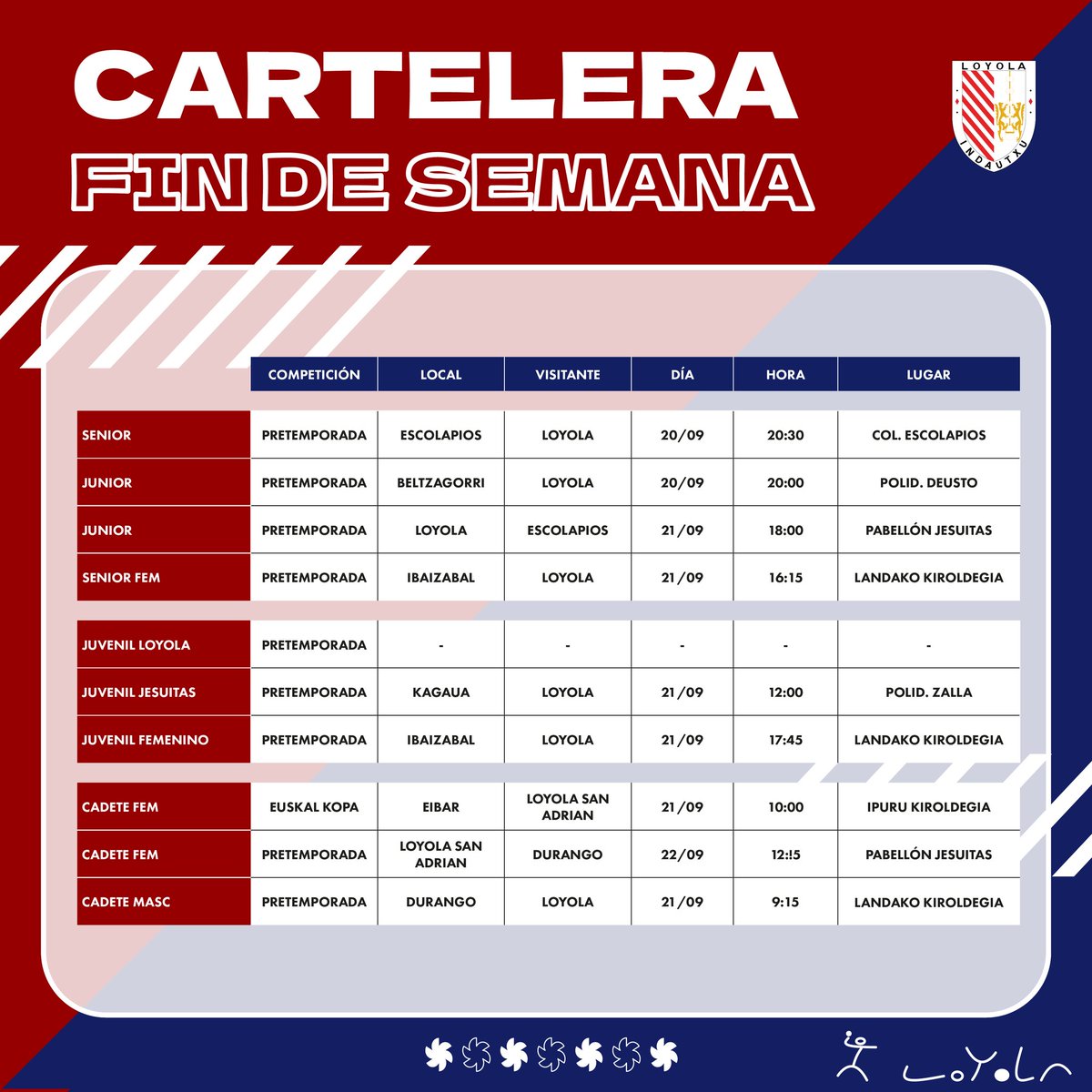 🗓️ #CARTELERAFINDESEMANA

Aquí os dejamos la cartelera de este fin de semana. Mucha suerte a todos los equipos en sus partidos de pretemporada.

¡A darlo todo y a disfrutar! 💪🏻💪🏻🤾 ♥️💙