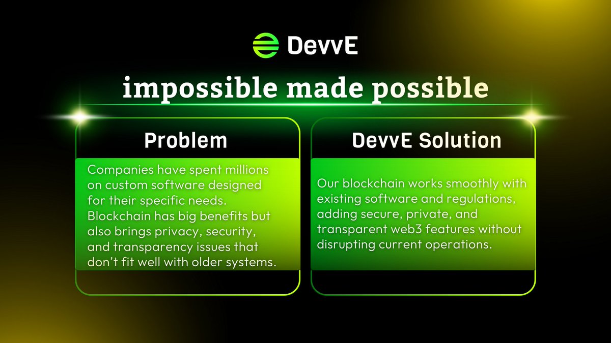 DevveEcosystem's tweet image. With DevvE, there&apos;s no need to compromise.

We are able to offer solutions that mix the best of the traditional instituitions with the power and decentralization of blockchain technology.