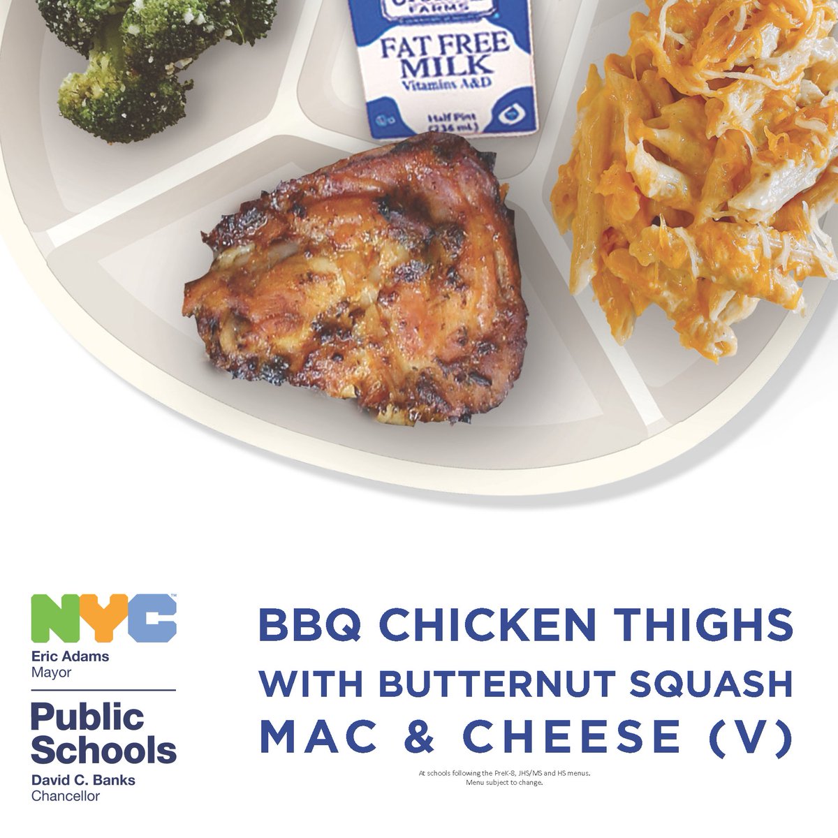 What's for lunch today? 😋

Our antibiotic free chicken roasted in BBQ sauce served with a side of butternut squash mac &amp; cheese (V)! 🍗

See what’s ahead for @NYCschools meals at: schools.nyc.gov/menus