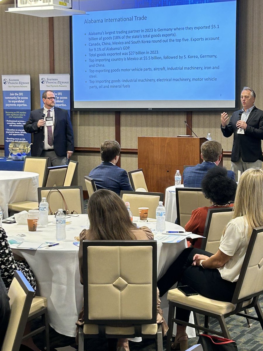 AlabamaAFP's tweet image. David Grimaldi, Foreign Exchange Sales and Mike Babbitt, International Trade Sales of @synovus providing new insights regarding evolving policies and procedures in international banking at Alabama AFP 2024 Summit.  

Thanks @synovus for being a Sponsor of  #AFP2024!