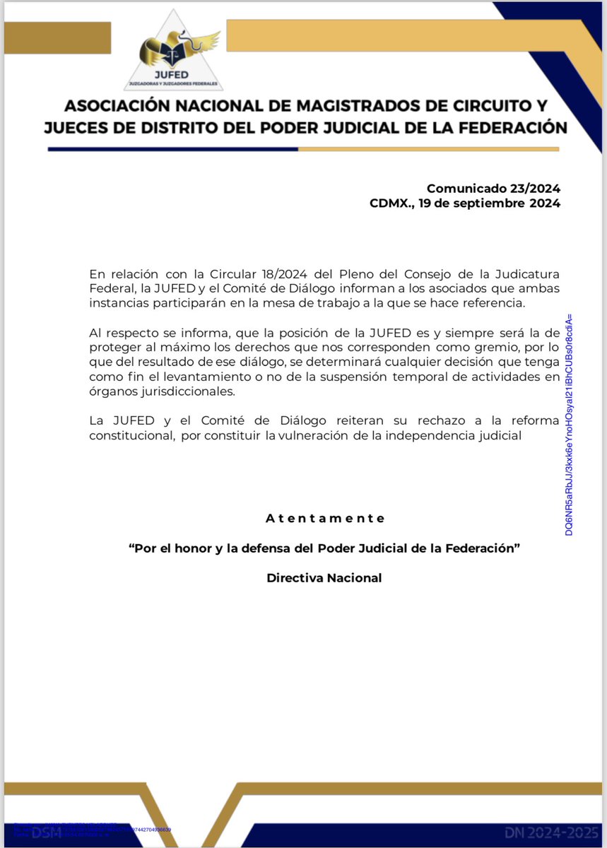 🟡#COMUNICADO Respecto a la mesa de trabajo anunciada por el Pleno del #CJF; la #JUFED y el Comité de Diálogo informan a los asociados que ambas instancias participarán en ella, y del resultado de ese diálogo se determinará el levantamiento o no de la suspensión temporal de