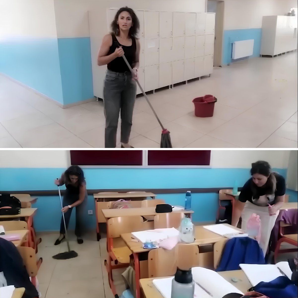 İzmir'de bir devlet okulu, temizlik görevlisi olmadığı için veliler tarafından temizleniyor.