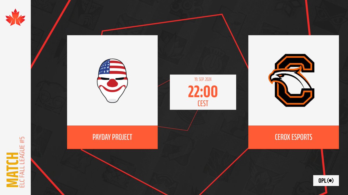 ELC_EsportsR6's tweet photo. [𝐄𝐋𝐂 𝗙𝗮𝗹𝗹 𝐋𝐞𝐚𝐠𝐮𝐞 #𝟱]

Round 1 tonight in the Challenger division !

🇫🇷 #PAYDAYPROJECT 🆚 @cerox_esports 🇪🇸
🕙 22:00 CEST
🗺️ B01

🎙️ @Epsii_R6s 

🔴 https://t.co/6q25hXsnVo https://t.co/UiEhe79hEw