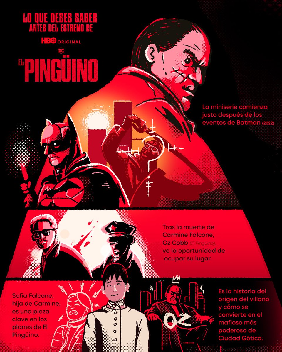 Todo lo que debes saber antes de que #ElPingüino se apodere de Ciudad Gótica. Prepárate para el estreno de la  nueva serie original HBO este 19 de septiembre.

7:00PM 🇲🇽 - 8:00PM 🇨🇴 - 10:00PM 🇦🇷

Ilustración: @xbeartx