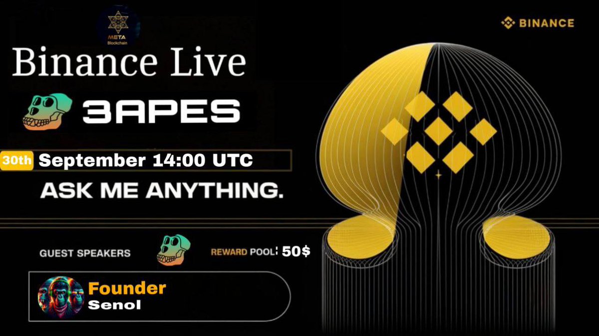 📢 On 30.09, we’re going live on BINANCE AMA! 🚀 Don’t miss out and join in as the Apes take off! 🐒💥 Jump in now and be part of the next big hype! #SOL #ElonMusk  #Crypto #memecoin 

BUY: pinksale.finance/solana/launchp…

TG: t.me/chat_3Apes