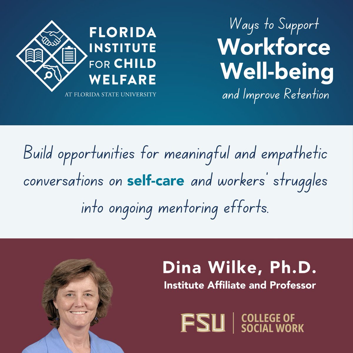 FSUChildWelfare's tweet image. To promote #WorkforceWellbeing in child welfare, &quot;build opportunities for meaningful and empathetic conversations on self-care and workers’ struggles into ongoing mentoring efforts&quot; - Dr. Dina Wilke, Institute Affiliate and @fsu_socialwork faculty. #CWWorkforce #SelfCareSeptember