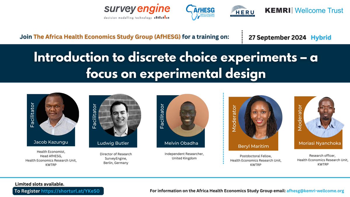 HERU_KEMRI_WT's tweet image. Training Alert!!! 

Join us for the September #AfHESGTraining session. This month we will discuss Discrete Choice Experiments with a focus on Experimental Design!  

Date: 27 September 2024 

Registration link: shorturl.at/YKeS0

#DCE 
#ChoiceModeling
#HealthEconomics