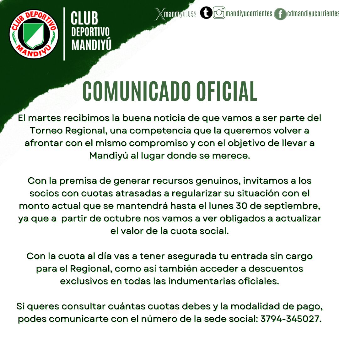 🇳🇬 El 13 de octubre de octubre arrancamos el Torneo Regional y la ilusión es grande como Mandiyú 

🤜🏻🤛🏻 Un socio comprometido es nuestro mejor refuerzo 

⚪🟢 #VamosMandiyú