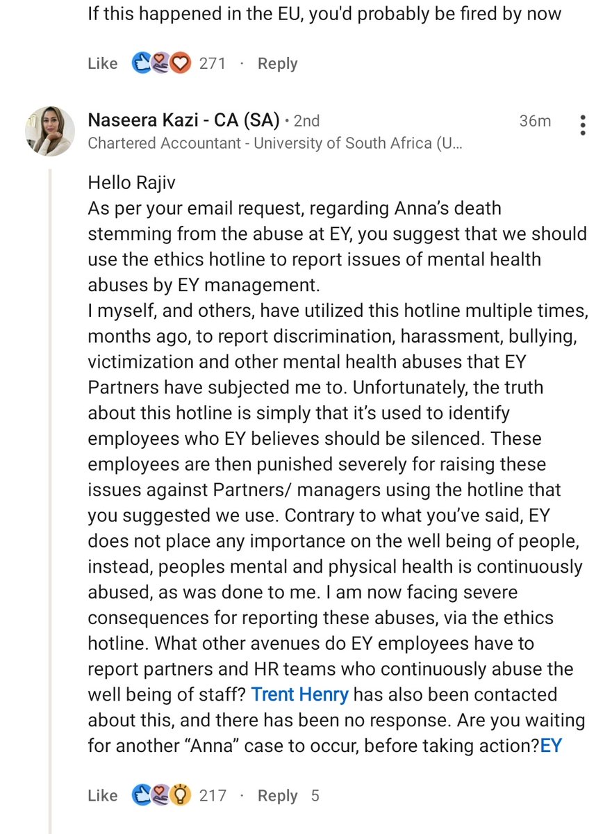 Response to LinkedIn post of EY India MD Rajiv Memani by an EY South Africa employee.

It seems toxic work culture,  abuse of power in EY is a worldwide phenomenon.

#JusticeforAnna #EYIndia #Ernst&amp;Young #EYSA #Big4