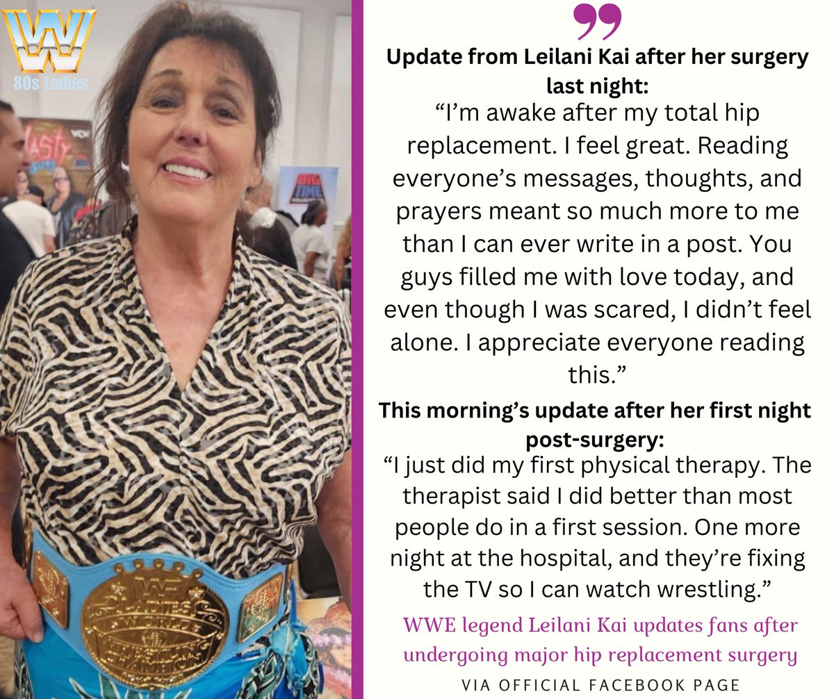 Great news! 🎉 WWE legend Leilani Kai, the fierce trailblazer who co-headlined the first WrestleMania, has successfully completed her hip replacement surgery! 🙌 At 67, this iconic champion is in high spirits and ready to tackle her recovery. Wishing her a smooth and speedy