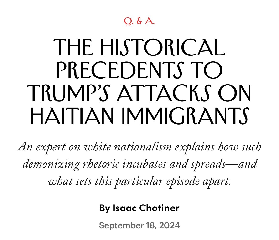 New Interview: I talked to Kathleen Belew, an expert on white nationalism, about the Trump campaign’s attacks on Haitian immigrants, and what makes the latest rhetoric so different and disturbing. newyorker.com/news/q-and-a/t…