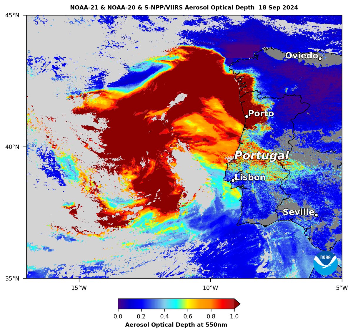 AerosolWatch (@aerosolwatch) on Twitter photo Deadly #wildfires in #Portugal continued to emit huge plumes of thick #smoke (dark red shading) on 18 Sep, which engulfed #Porto, observed by #VIIRS aerosol optical depth composite from <a href="/JPSSProgram/">Joint Polar Satellite System (JPSS)</a> satellites.  <a href="/NOAASatellites/">NOAA Satellites</a> <a href="/m_parrington/">Mark Parrington</a> <a href="/Pierre_Markuse/">Pierre Markuse</a> Deadly #wildfires in #Portugal continued to emit huge plumes of thick #smoke (dark red shading) on 18 Sep, which engulfed #Porto, observed by #VIIRS aerosol optical depth composite from <a href="/JPSSProgram/">Joint Polar Satellite System (JPSS)</a> satellites.  <a href="/NOAASatellites/">NOAA Satellites</a> <a href="/m_parrington/">Mark Parrington</a> <a href="/Pierre_Markuse/">Pierre Markuse</a>