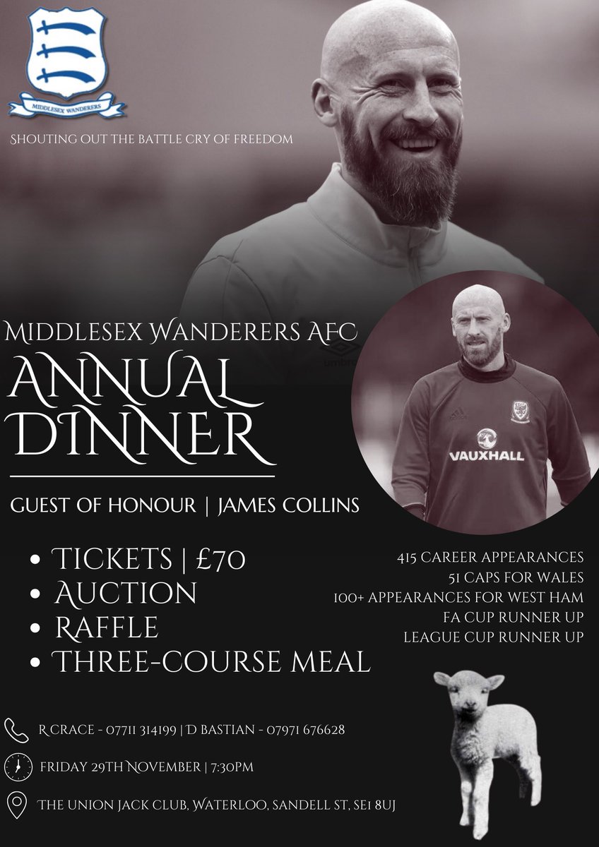 Our legendary Annual Dinner returns for another year! 🥂

Join us for a spectacular night on Friday 29th November at the Union Jack Club, alongside our Guest of Honour, ex West Ham and Wales international, James Collins. 

Secure your tickets now, to avoid disappointment🎟️
