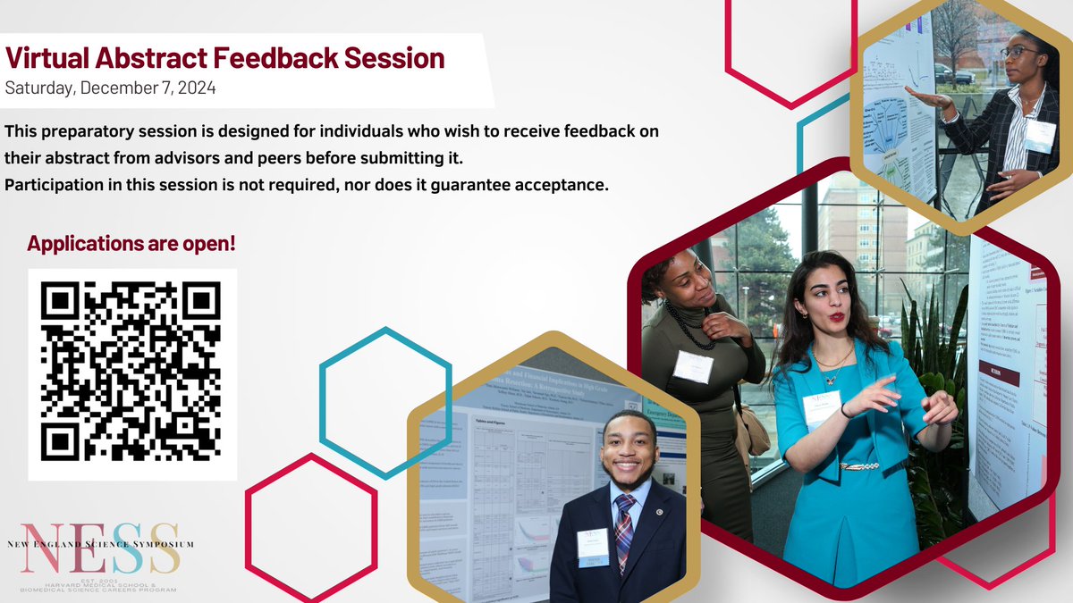 Submit your abstract for The Virtual Abstract Feedback Session for an opportunity to prepare your application for The New England Symposium. Scan the QR code or go to NewEnglandScienceSymposium.org to get more info &amp; access the application. 
#NESS2025 #DICP #bscp #harvardmedicalschool