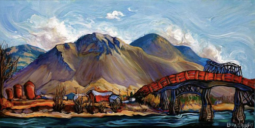I grew up in #Kamloops, I live here now, and I'm struck with unbelievable sadness at the news today that the iconic Red Bridge has been destroyed by fire. I prefer to remember it as it was captured on canvas by my friend Laura Zerebeski 10 years ago. You can see more of her