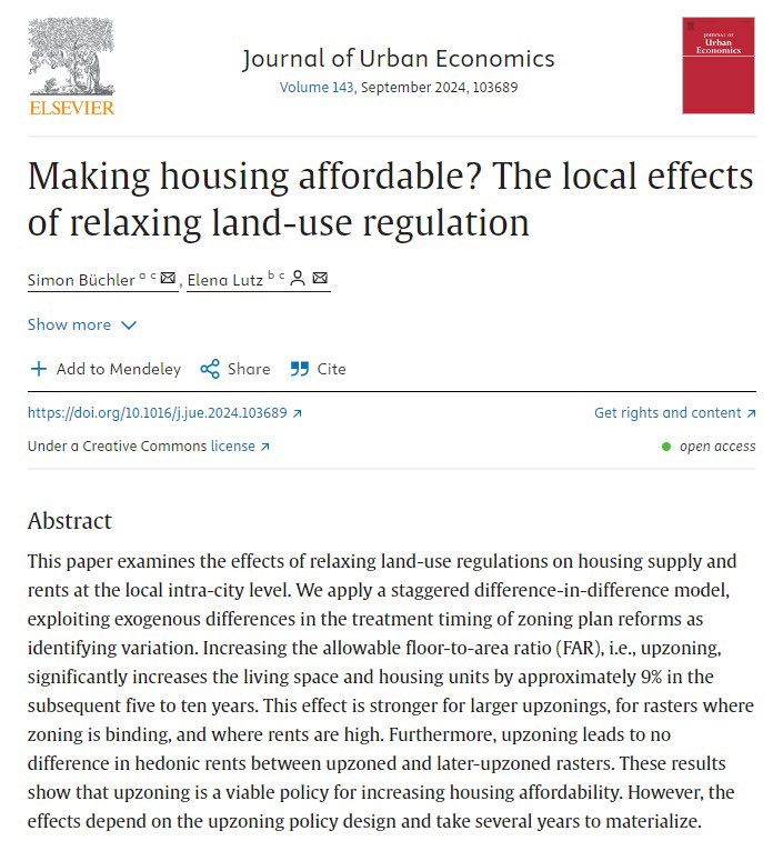 🚨Our paper studying the effects of upzoning on housing supply and rents is now published in the Journal of Urban Economics #economics #urban #housing
 
You can access it here: sciencedirect.com/science/articl…