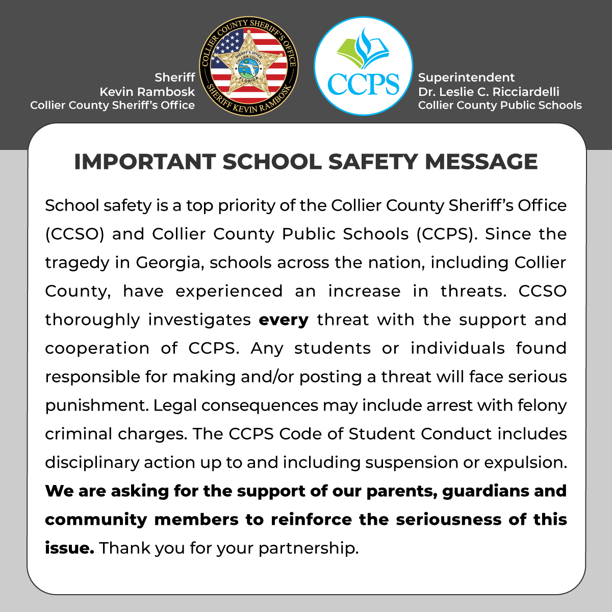collierschools's tweet photo. School safety is a top priority of @collierschools and @colliersheriff. We ask that you please review the important safety message below from Collier County Sheriff Kevin Rambosk and CCPS Superintendent @SupRicciardelli. #KeepCollierSafe https://t.co/ejOmPYwl71