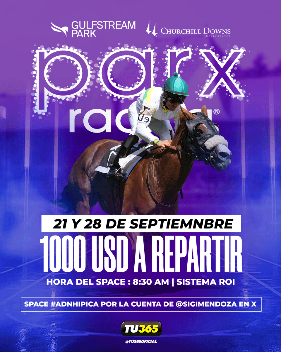 tu365oficial's tweet image. 🔥 ¡𝐏𝐚𝐫𝐭𝐢𝐜𝐢𝐩𝐚 𝐞𝐧 𝐧𝐮𝐞𝐬𝐭𝐫𝐨 𝐬𝐨𝐫𝐭𝐞𝐨 𝐝𝐞 $𝟏,𝟎𝟎𝟎 𝐔𝐒𝐃 𝐀 𝐑𝐄𝐏𝐀𝐑𝐓𝐈𝐑! 🤑

No te pierdas el emocionante Torneo ROI en Gulfstream Park | Churchill Downs | Parx Racing  los días 21 y 28 de septiembre. Este sábado, a las 8:30 am ET-