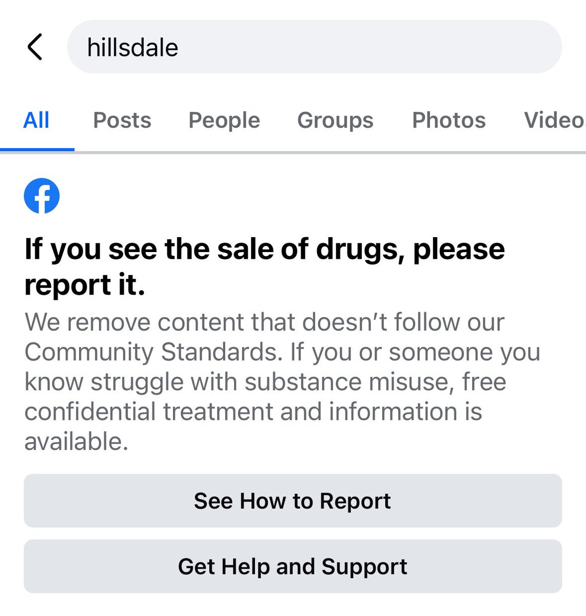 The problem with <a href="/facebook/">Facebook</a> <a href="/Meta/">Meta</a> has escalated. Now ANY search for the word “Hillsdale” brings a warning against trying to buy drugs.