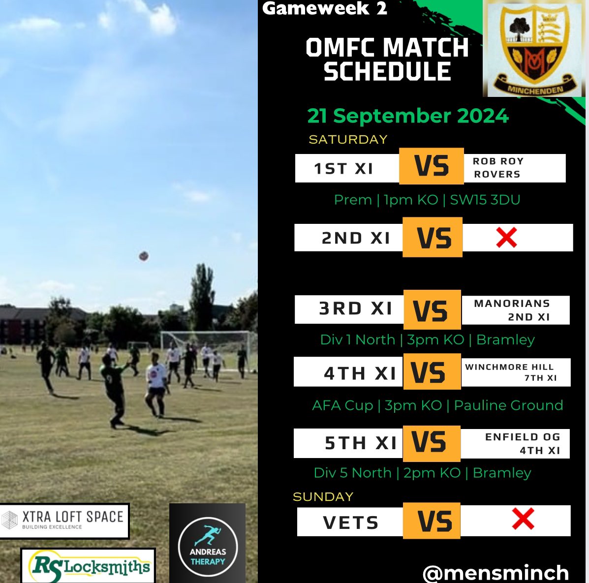 Not a full card this week but some mouthwatering fixtures. We have a derby game in the AFA Cup, the A110 derby in Div  North 5 and the 1s get their passports out as they go into foreign lands south of the river #utmost #coym