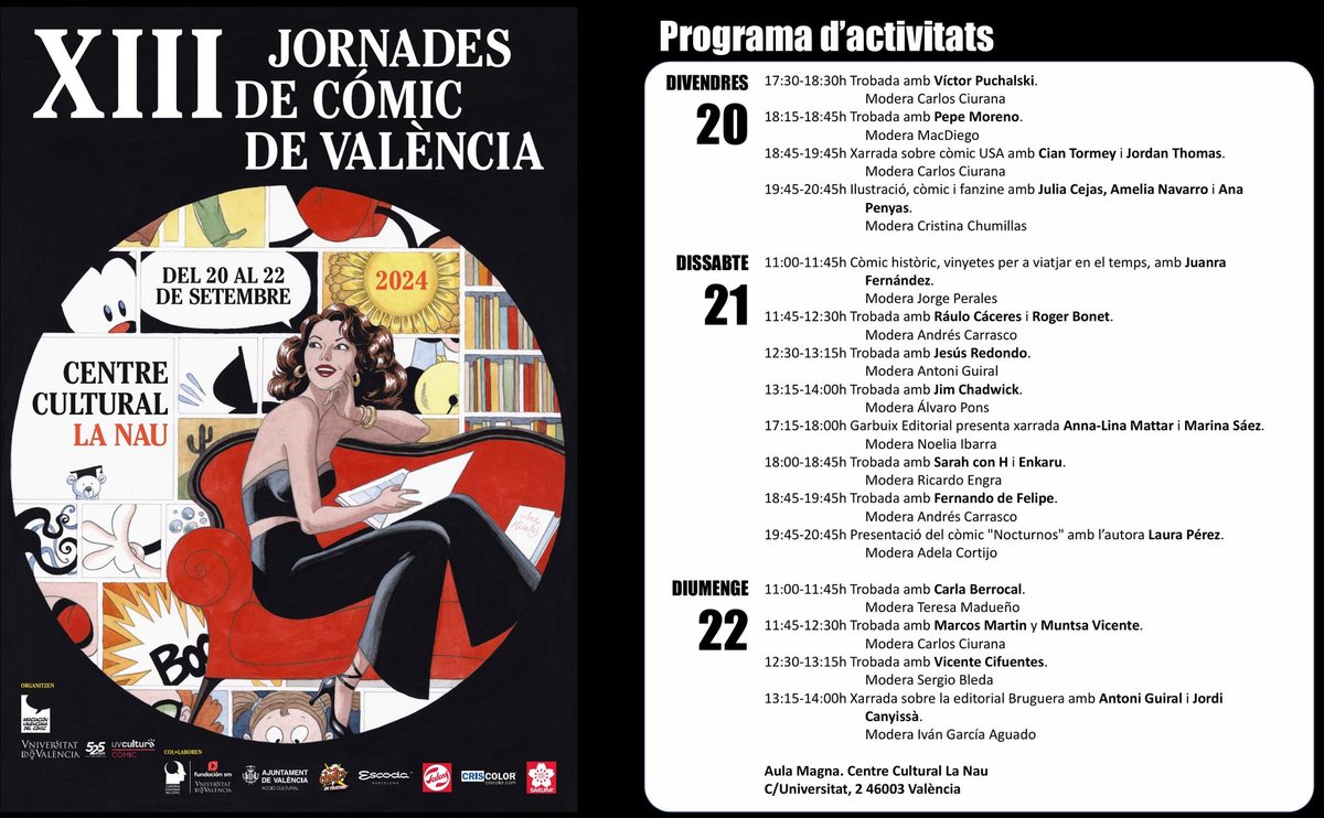 Mañana empiezan las XIII Jornades de Còmic de València con un programa de actividades, talleres, charlas, numerosos autores y espectacular cartel de Ana Miralles. Os esperamos desde el viernes por la tarde hasta el domingo en <a href="/LaNauuv/">UVcultura / La Nau</a>  <a href="/CatedraComic/">Cátedra Estudios Cómic FSM-UV</a> <a href="/AulaComicUV/">Aula de Còmic UV</a> <a href="/ComicVlc/">Jornadas Comic VLC</a>