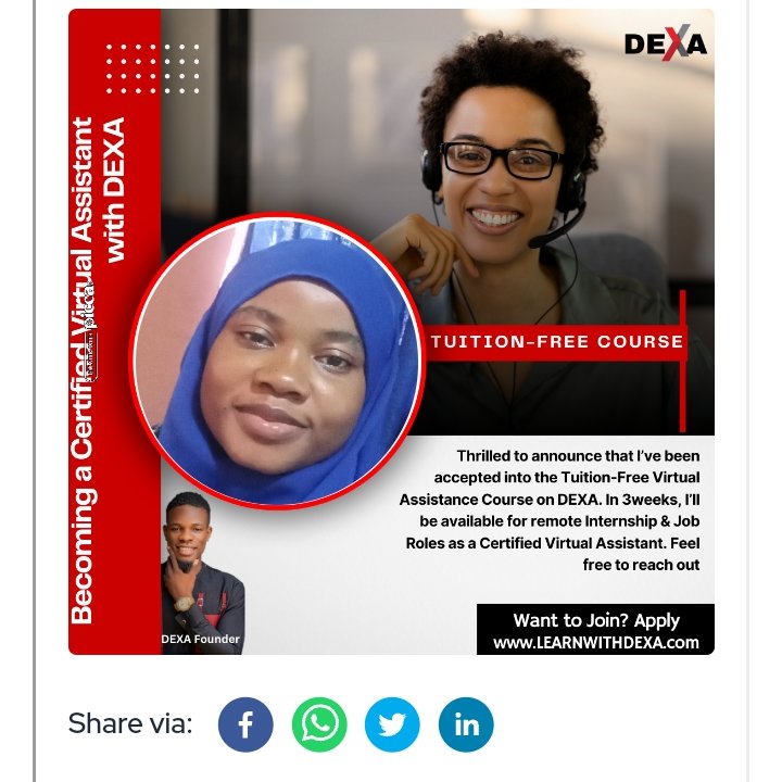 MaryamEmike's tweet photo. Thrilled to announce that I’ve been accepted into the Tuition-Free Virtual Assistance Course on DEXA. In 3weeks, I’ll be available for remote Internship &amp; Job Roles as a Certified Virtual Assistant. Feel free to reach out. https://t.co/w12iiay2yE