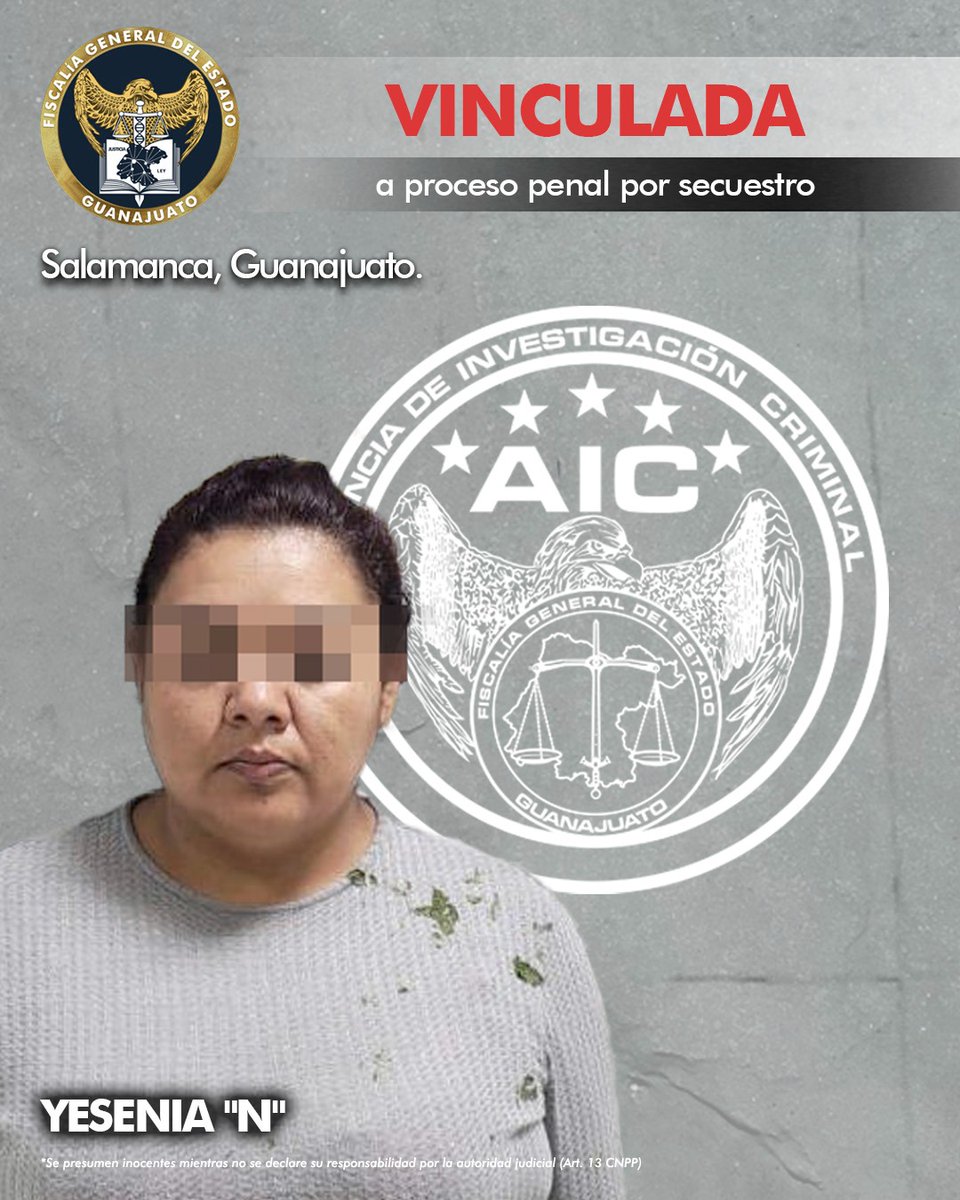 #FGEInforma

Agentes de @AIC_Guanajuato lograron capturar a YESENIA “N” presunta secuestradora, además de liberar a la víctima en #Salamanca.

Un Agente del Ministerio Público presentó datos de prueba con los que logró que la inculpada fuera enviada a la cárcel vinculada a