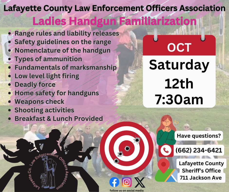 ‼️Ladies Handgun Familiarization Course - Hosted by the Lafayette County Law Enforcement Officers Association🚔

👉 **How to Register:** Pick up an application at the sheriff’s office or email efrye@lafayettesheriff.net to get started.