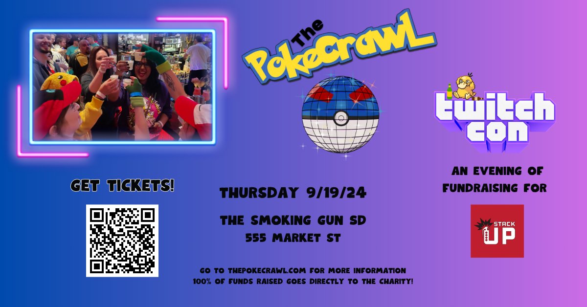 If you're looking for something to do today before #TwitchCon we're doing the <a href="/thepokecrawl/">Pokecrawl ⏭️ Twitchcon 🍻</a> at the Smoking Gun in the Gaslamp Quarter in San Diego.  

The event starts @ 7PM    

Tickets are free!   events.humanitix.com/pokecrawl-twit…