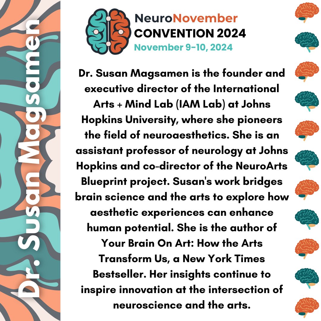 NeuroNovember's tweet image. Introducing our speakers for #neuronov2024! A warm welcome to Dr. Susan Magsamen (Neuroscientist, Executive Director, Assistant Professor, Author), an expert in the field of neuroaesthetics! π§
#neuronovember #Neurology #Neuroscience #BrainHealth #conference