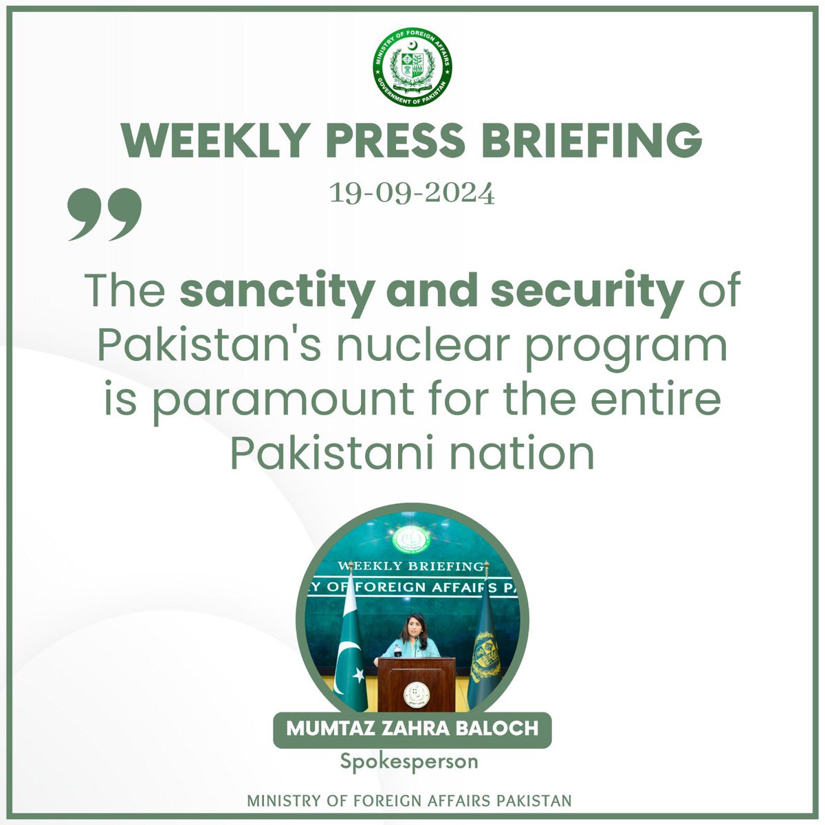 ForeignOfficePk's tweet image. Spokesperson @Mumtazzb on the sanctity &amp;amp; security of Pakistan&apos;s #nuclearprogram 🔽