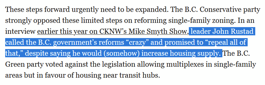 1alexhemingway's tweet photo. Putting this in election context, current BC govt has shown an encouraging willingness to push back on cities' exclusionary zoning (multiplexes, TOAs). But it hasn’t been prepared to overturn the apartment ban.  

But the main opposition leader said he'd undo even that progress https://t.co/y5UzPqEX43