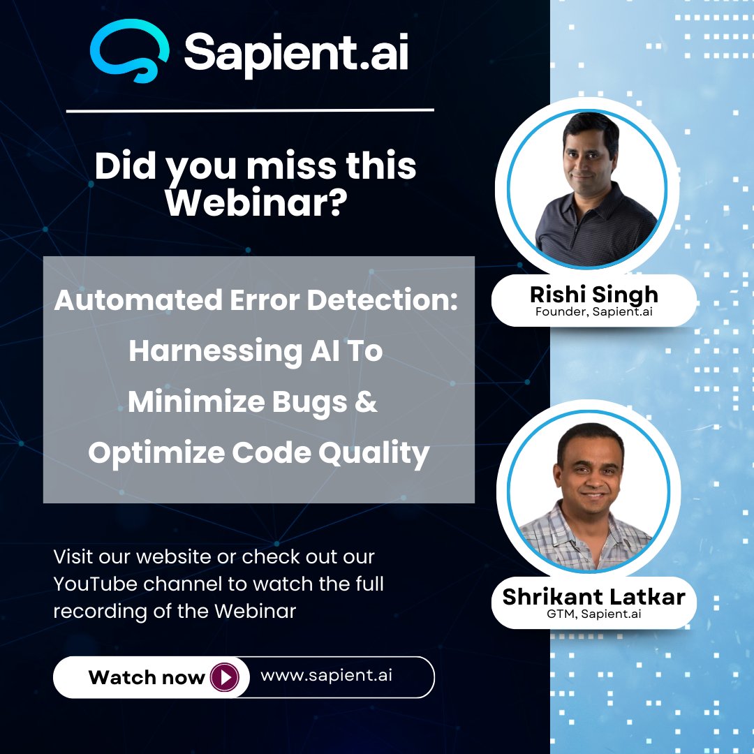 BaseRockAI's tweet image. ๐จ Did you miss our latest webinar?๐จ
Catch the full recording of "Automated Error Detection: Harnessing AI to Minimize Bugs & Optimize Code Quality."
๐ Watch it on our website: hubs.li/Q02QtnRH0
#SapientAI #CodelessTesting #Automation #AI #UnitTesting #TechInnovation