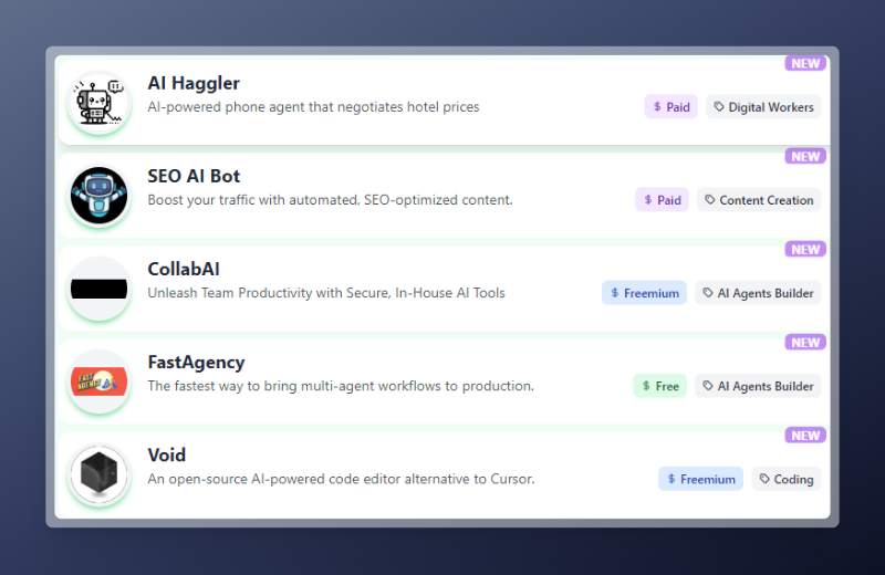 OP (@wishmasterua) on Twitter photo New additions to the AI Agents Directory:
1. AI Haggler by <a href="/LinasLekavicius/">Linas | true.eth</a>
2. SEO AI Bot by Hashin
3. CollabAI by BuildYourAI
4. <a href="/FastAgencyAI/">FastAgency</a> by <a href="/_hajdi/">Hajdi Cenan</a> & <a href="/airt_AI/">airt</a>
5. <a href="/thevoideditor/">Void Editor (YC S24)</a> by <a href="/mathewpareles/">Mathew Pareles</a> & <a href="/parel_es/">Andrew Pareles</a> New additions to the AI Agents Directory:
1. AI Haggler by <a href="/LinasLekavicius/">Linas | true.eth</a>
2. SEO AI Bot by Hashin
3. CollabAI by BuildYourAI
4. <a href="/FastAgencyAI/">FastAgency</a> by <a href="/_hajdi/">Hajdi Cenan</a> & <a href="/airt_AI/">airt</a>
5. <a href="/thevoideditor/">Void Editor (YC S24)</a> by <a href="/mathewpareles/">Mathew Pareles</a> & <a href="/parel_es/">Andrew Pareles</a>