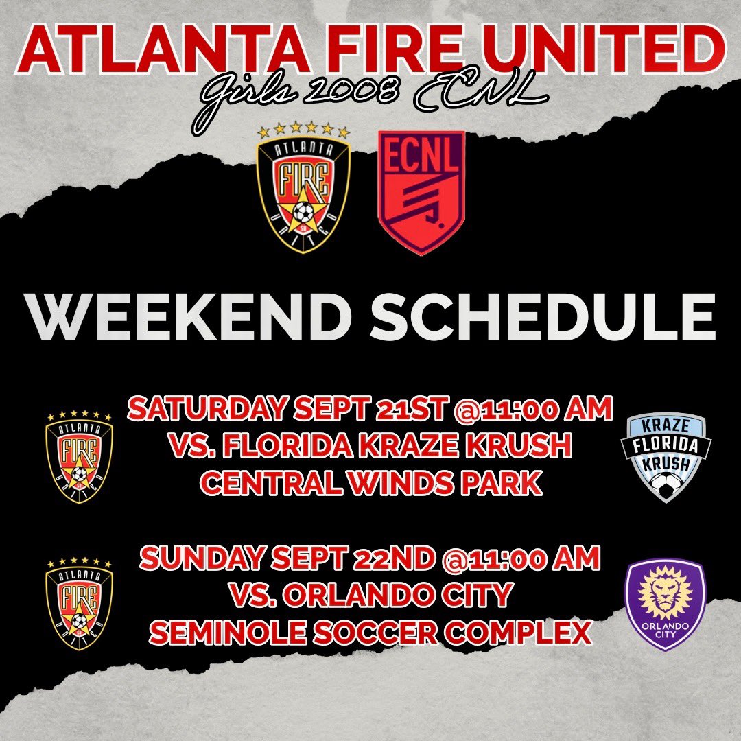 Atlanta Fire United 08G ECNL (@afu_2008_ecnl) on Twitter photo UPDATED Schedule: We will be on the road to Orlando for our 2nd <a href="/ECNLSoutheast/">ECNL Southeast Girls</a> weekend!👇 <a href="/ECNLgirls/">ECNL Girls</a> <a href="/PlayerData/">PlayerData</a> <a href="/TopDrawerSoccer/">TopDrawerSoccer</a> <a href="/DomMartelli/">Dom Martelli</a> <a href="/ImCollegeSoccer/">College Soccer Truth ™</a> <a href="/onlyGplatform/">The OG Platform</a> <a href="/atlantaunitedsa/">Atlanta Fire United</a> <a href="/PrepSoccer/">Prep Soccer ⚽️</a> <a href="/FlKrazeKrush/">Florida Kraze Krush</a> <a href="/OC_SS_Seminole/">Orlando City Soccer School Seminole</a>
Thank you <a href="/carterldrake/">Carter Drake</a> for your graphics! UPDATED Schedule: We will be on the road to Orlando for our 2nd <a href="/ECNLSoutheast/">ECNL Southeast Girls</a> weekend!👇 <a href="/ECNLgirls/">ECNL Girls</a> <a href="/PlayerData/">PlayerData</a> <a href="/TopDrawerSoccer/">TopDrawerSoccer</a> <a href="/DomMartelli/">Dom Martelli</a> <a href="/ImCollegeSoccer/">College Soccer Truth ™</a> <a href="/onlyGplatform/">The OG Platform</a> <a href="/atlantaunitedsa/">Atlanta Fire United</a> <a href="/PrepSoccer/">Prep Soccer ⚽️</a> <a href="/FlKrazeKrush/">Florida Kraze Krush</a> <a href="/OC_SS_Seminole/">Orlando City Soccer School Seminole</a>
Thank you <a href="/carterldrake/">Carter Drake</a> for your graphics!