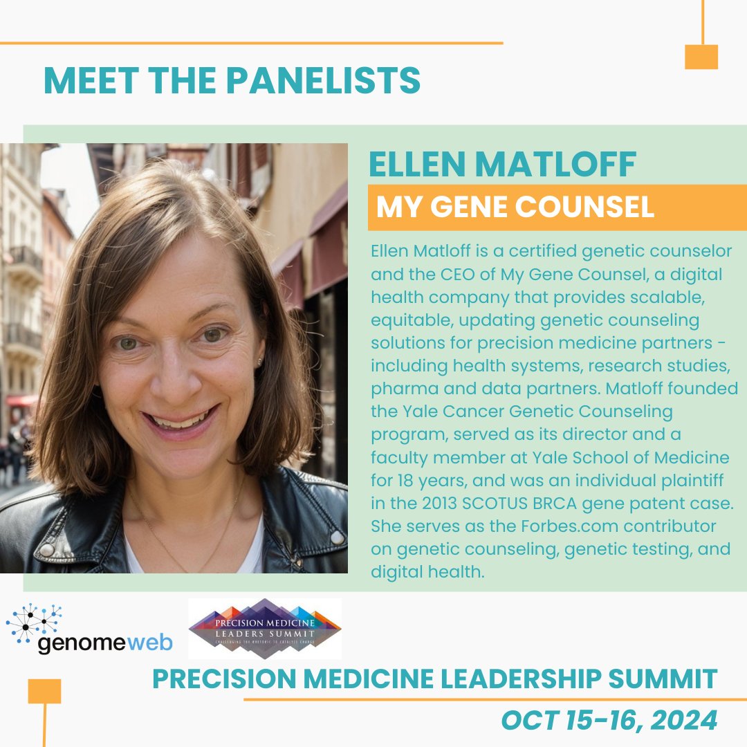 MyGeneCounsel's tweet image. Learn more about the panelists who will be speaking at the @GenomeWeb held Precision Oncology and Diagnostics Conference October 16th, 2024. 
Register here: hubs.li/Q02PSG7C0 #genechat #precisionmedicine
@EllenMatloff @carrie_haverty @gillianhoo @GiannaPetrelli