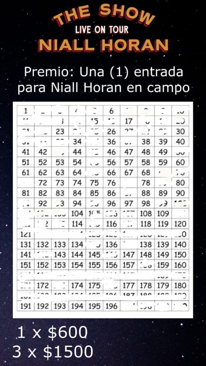 ULTIMOS DIAS
Estoy rifando una entrada para Niall en campo ya que no voy a poder ir porque me cambiaron la fecha del viaje de egresados, es para recuperar la plata. Tengo el comprobante de compra.
Se sortea cuando se vendan todos los números o semana antes.