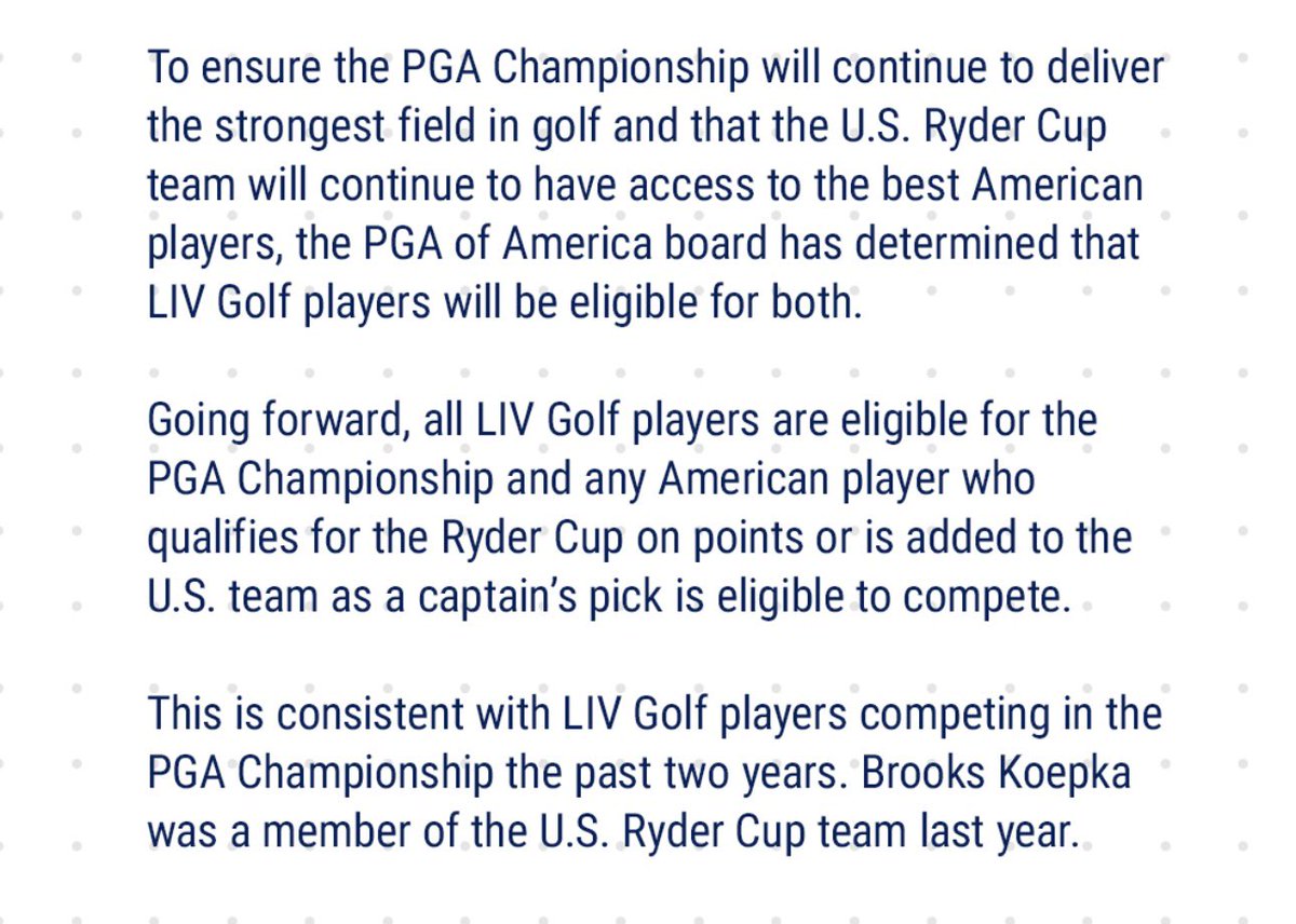 🚨🇺🇸⛳️ JUST IN: The PGA of America announces that LIV Golfers are eligible to compete in both the PGA Championship and The Ryder Cup going forward.