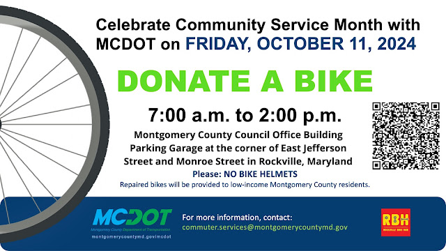 Montgomery County MD Government (@montgomerycomd) on Twitter photo 🚴♂️ Got an unused bike collecting dust? Donate it at <a href="/MCDOTNow/">Montgomery County, MD - Dept. of Transportation</a>'s Annual Bike Donation Event on Oct. 11! Your bike will get a second life and help those in need through Bike Match MoCo. 🚲 Drop off from 7 a.m.-2 p.m. in Rockville!
montgomerycomd.blogspot.com/2024/08/unused… 🚴♂️ Got an unused bike collecting dust? Donate it at <a href="/MCDOTNow/">Montgomery County, MD - Dept. of Transportation</a>'s Annual Bike Donation Event on Oct. 11! Your bike will get a second life and help those in need through Bike Match MoCo. 🚲 Drop off from 7 a.m.-2 p.m. in Rockville!
montgomerycomd.blogspot.com/2024/08/unused…