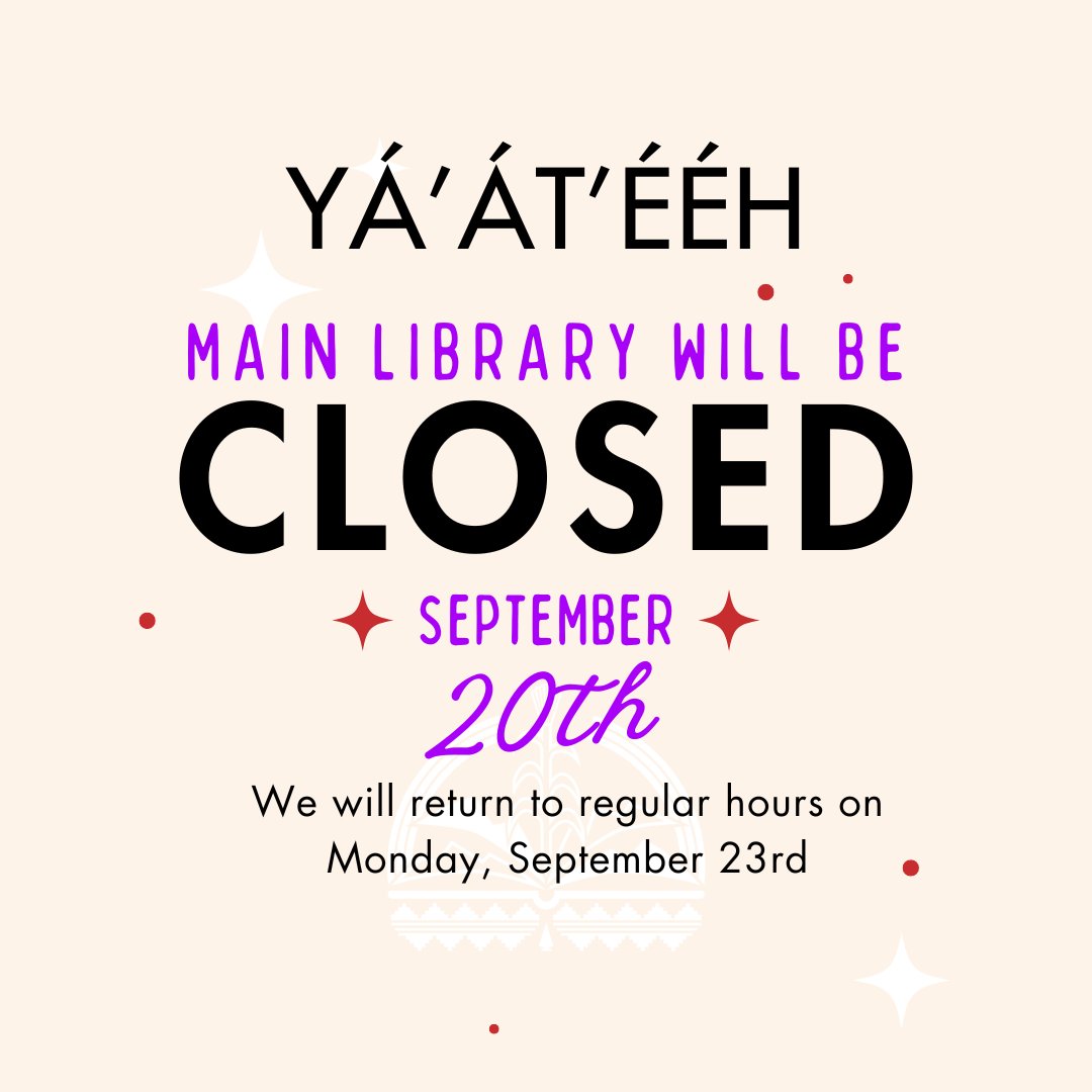NavajoLibrary's tweet image. Yá’át’ééh everyone, the Main Library in Window Rock, AZ will be closed Friday, September 20th to join our department for an end-of-the-year staff appreciation cook-out. Join us tomorrow at 5:30 PM for an Author Reading &amp;amp; Visit w/ Dr. Farina King, Diné Scholar, Author &amp;amp; Professor.