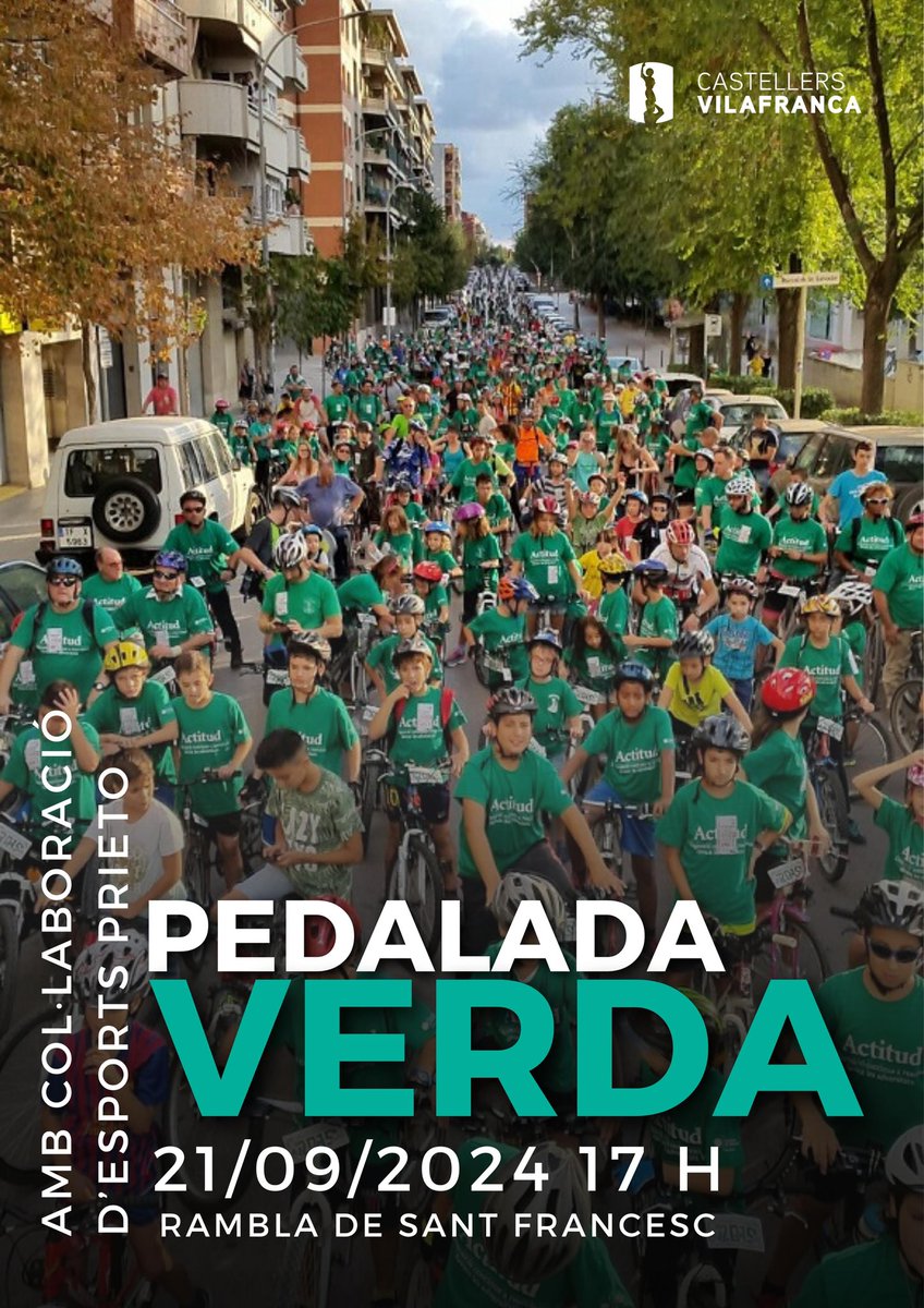 ‼️La Pedalada Verda és aquest dissabte!

🚲Us esperem a tots i totes a aquesta tradicional bicicletada per Vilafranca!

📍Ens veiem dissabte a la rambla de Sant Francesc!

#castellers 
#castells
