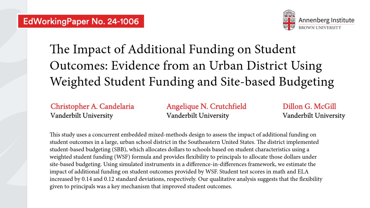 📢 #EdWorkingPapers: Student-Based Budgeting (SBB)—a funding model responsive to students’ needs—boosted math &amp; ELA scores in high-needs urban schools.  🔍 Pioneering research on SSB from <a href="/chriscandel/">Chris Candelaria</a>, <a href="/vupeabody/">Peabody College</a>'s Angelique Crutchfield, &amp; <a href="/dillmcgill/">Dillon G. McGill</a> 

📄 bit.ly/3XrrmSj