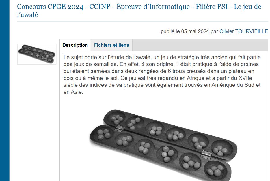 Epreuve d'informatique sur l'Awalé à CCINP.
Modulo des aménagements, il y a de quoi inspirer des projets en NSI. 
eduscol.education.fr/sti/concours_e…