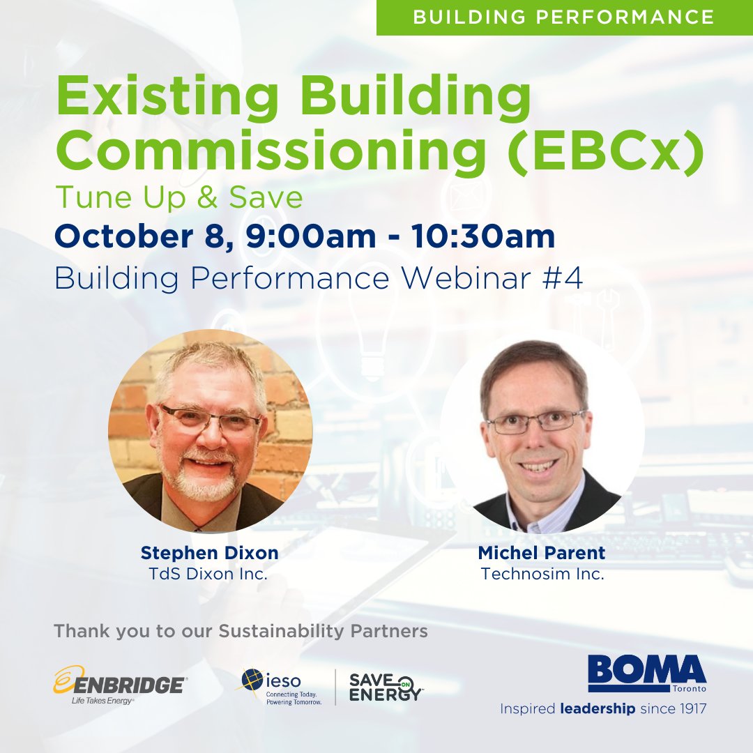 🏢 Maximize your building’s efficiency and reduce operating costs! Join us on October 8th for the 4th Workshop in our Building Performance Series. 

🎯 Register now: ow.ly/CvX950T3piH 

Thank you to our Sustainability Partners: Enbridge Gas, IESO, and SaveonEnergy Ontario.