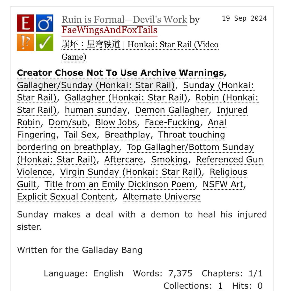 “Ruin is Formal—Devil’s Work”

My piece for the <a href="/galladaybang/">Galladay Bang | Complete!</a> with absolutely gorgeous art by @jomejii_art

🔗 archiveofourown.org/works/58964581

#gallday #galladaybang