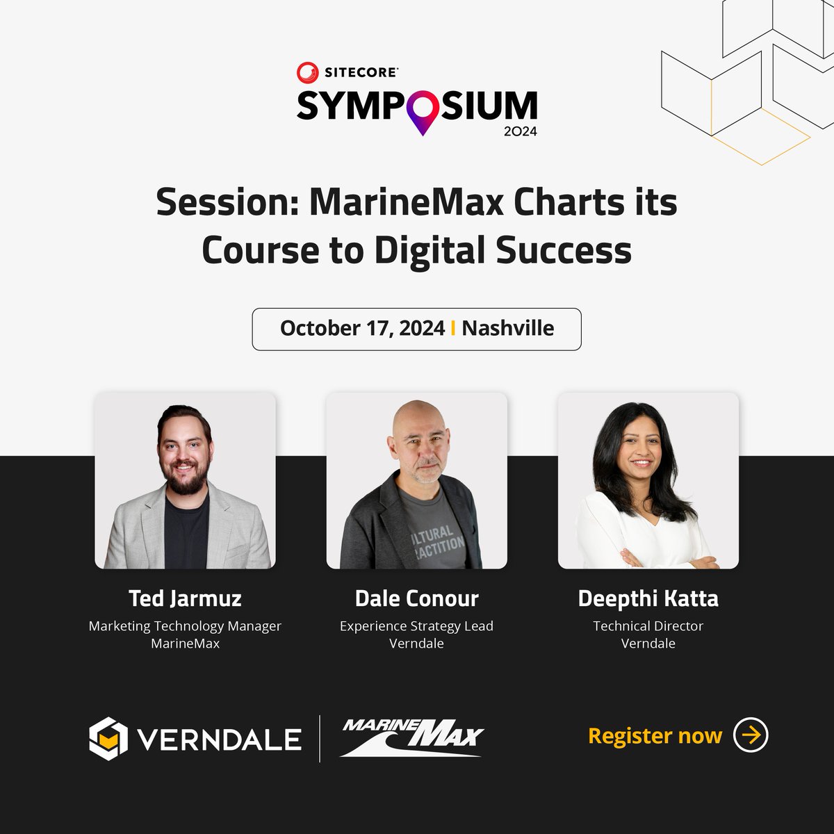 VerndaleTweets's tweet photo. Struggling to boost engagement on your product pages? See how MarineMax transformed their ecommerce experience at #SitecoreSYM with this crew. 🚤 Expect insights (and boat puns)! Register now: https://t.co/kc3v1Tfijt https://t.co/U30SddeAF0
