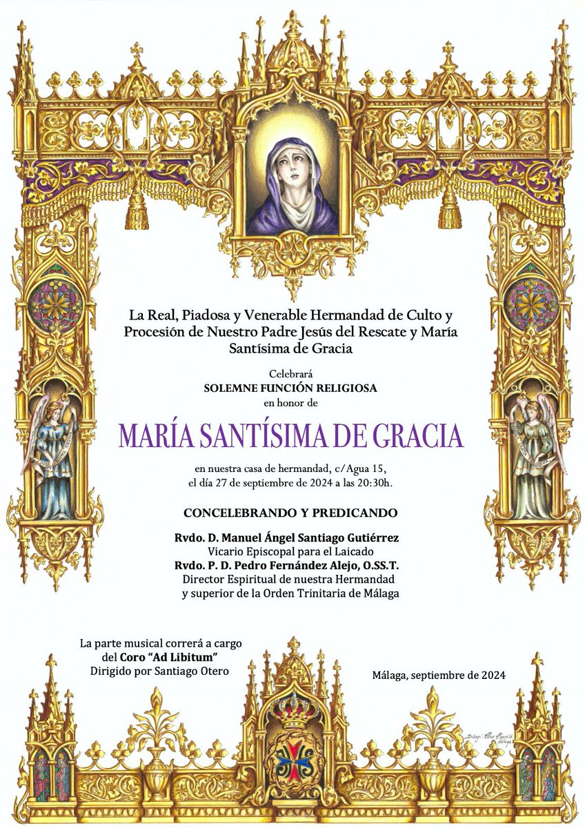 ⚜️ 𝐂𝐔𝐋𝐓𝐎 𝐄𝐍 𝐇𝐎𝐍𝐎𝐑 𝐃𝐄 𝐌𝐀𝐑𝐈́𝐀 𝐒𝐀𝐍𝐓𝐈́𝐒𝐈𝐌𝐀 𝐃𝐄 𝐆𝐑𝐀𝐂𝐈𝐀 ⚜️

La Hermandad del Rescate celebrará solemne función religiosa en honor de la Virgen de Gracia el día 27 de septiembre a las 20:30 h, en la Casa de Hermandad.

#HermandadRescate #CofradiasMLG