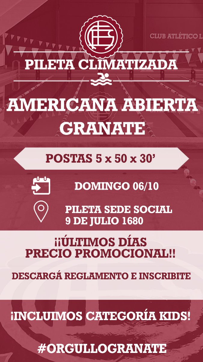 🇱🇻🇱🇻 *AMERICANA ABIERTA GRANATE - 1° EDICIÓN* 🇱🇻🇱🇻
Los esperamos el 06/10/2024, en la Pileta de la Sede del Club. 
Para mas información, ingresa al siguiente Link: forms.gle/zhoEUtfaUVNCGr… 

#Lanus #Natacion
#OrgulloGranate